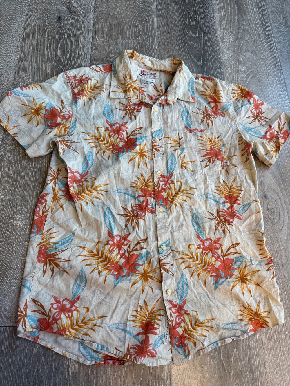 Quiksilver Cream Tropical Button-Down Shirt with Coral & Teal Print 0629